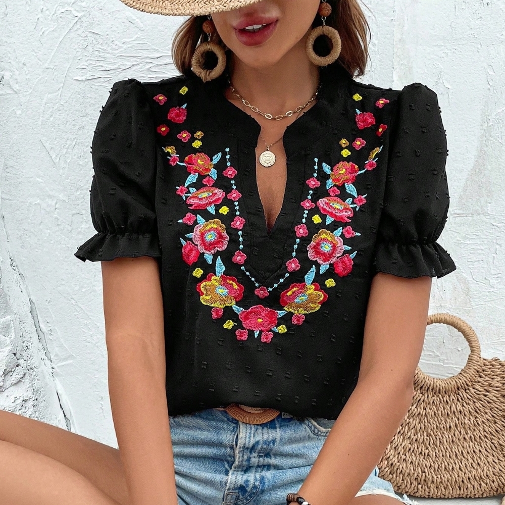 Floral Embroidery Notched Neckline Puff Sleeve Blouse - Picture 1 of 5